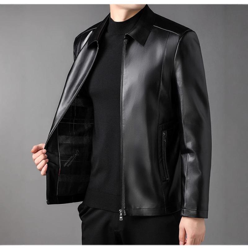 Autumn Genuine Leather Jacket for Men, Slim Short Lapel Leather Jacket, Middle-aged and Elderly Men's Genuine Leather Jacket for Dad