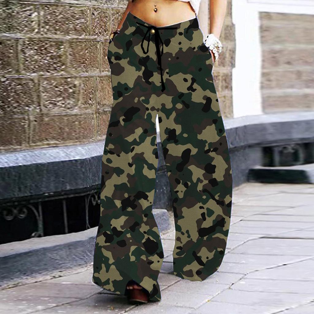 Women's Fashion Retro Casual Loose Drawstring Wide Leg Printed Sweatpants With Pockets