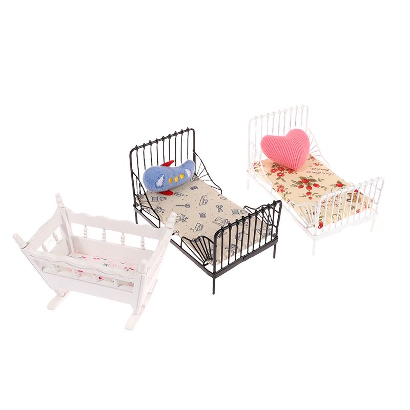 1:12 Dollhouse Mini European Iron Bed Cradle Bed Cushion Mattress Bedroom Decor