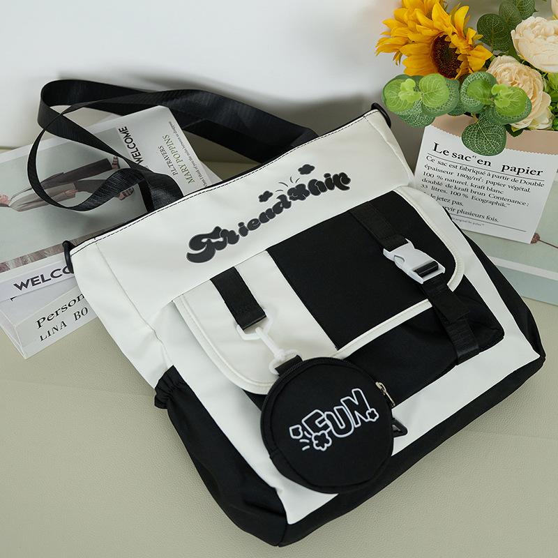 

Japanese tutoring bag ins sweet tote bag large capacity cute multi-compartment contrasting color shoulder bag messenger bag чорний