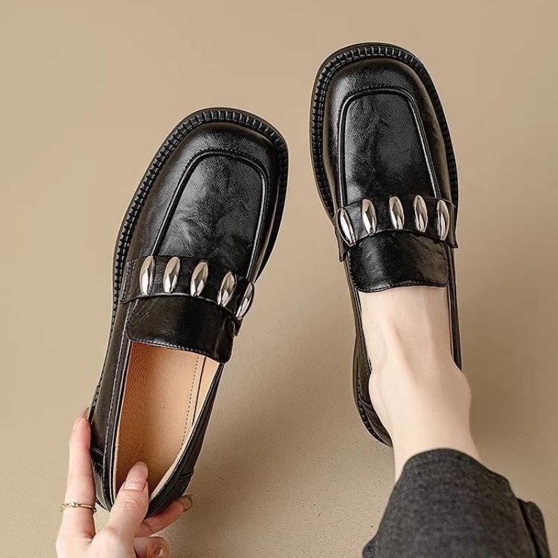 

Винтажные лоферы слипоны в британском стиле для женщин 2025 весна и осень, из мягкой кожи, с квадратным носком и массивным каблуком 40