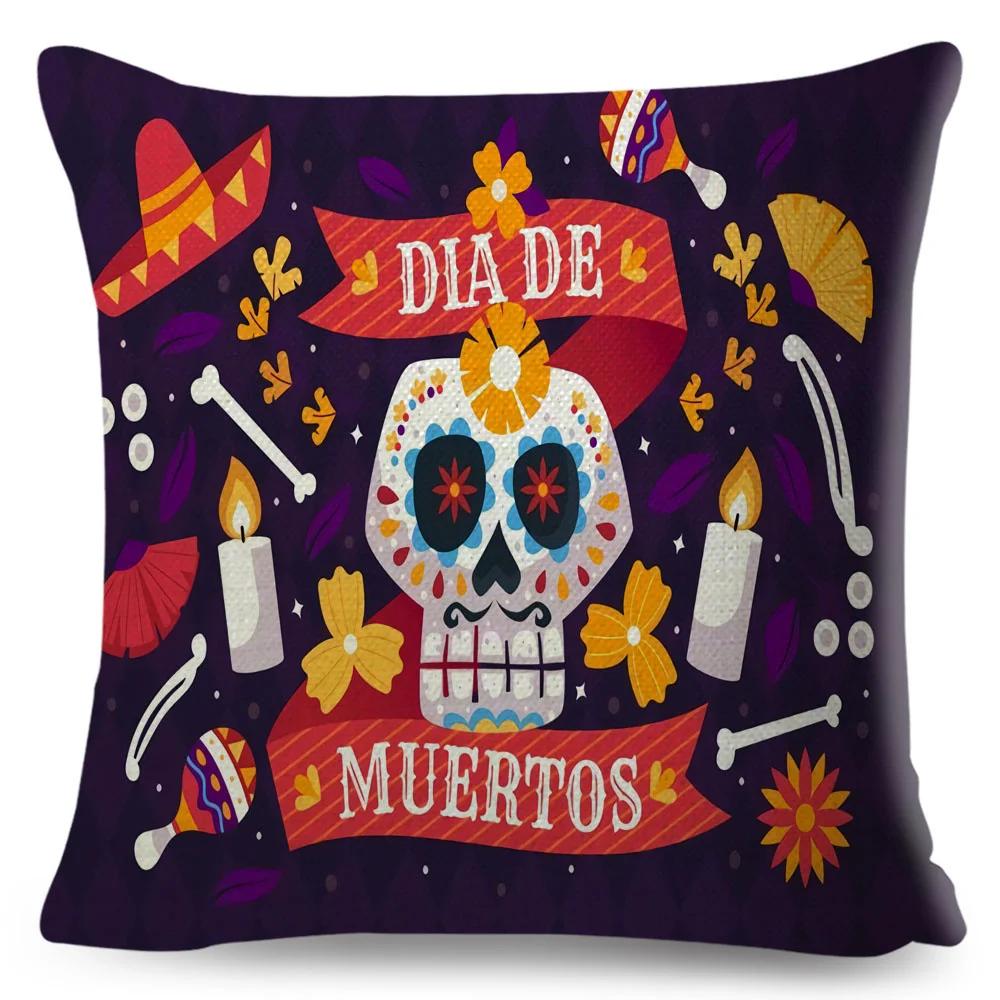 Day Of The Dead Pillowcase Decor Cartoon Mexico Flower Skull Print Cushion Cover for Sofa Home Polyester Pillow Case 45x45cm
