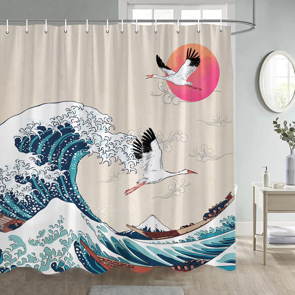 Asian Shower Curtain Traditional Chinese Pine Trees and Crane Flying Landscape Art Fabric Bathroom Decor Bath Curtains Set Hooks