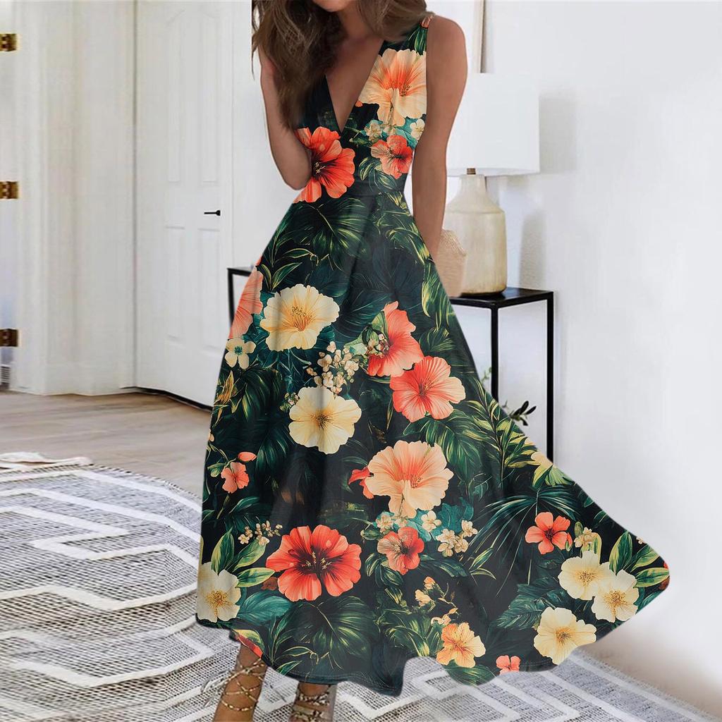 Women's Summer Fashion Retro Print V-Neck Sleeveless Long Dress