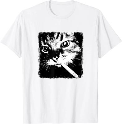 Retro Smoking Cat Graphic Tee Unisex Cotton Cool Funny Gift T-Shirt