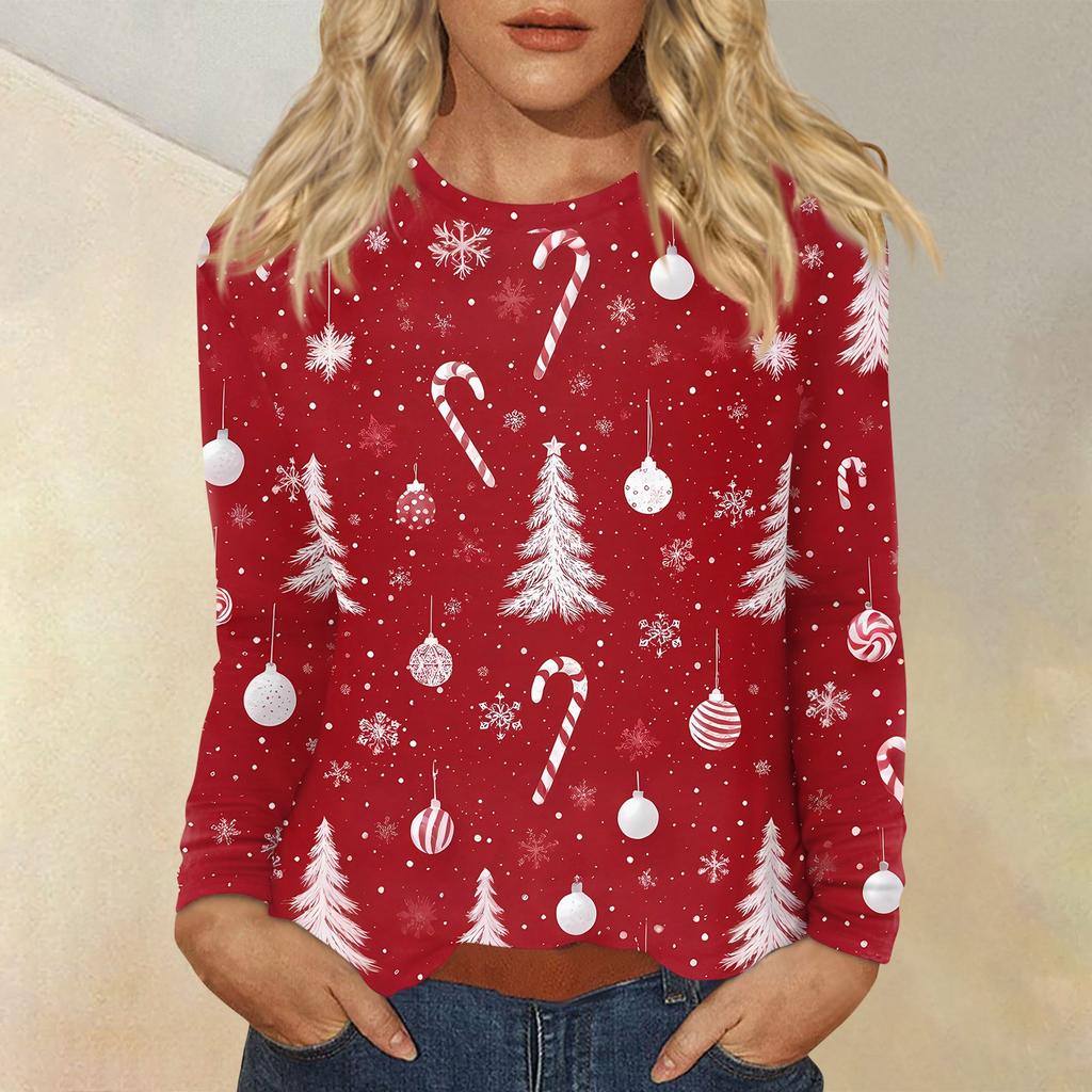 Women's Fashion Casual Christmas Printed Round Neck Long Sleeve Pullover Top