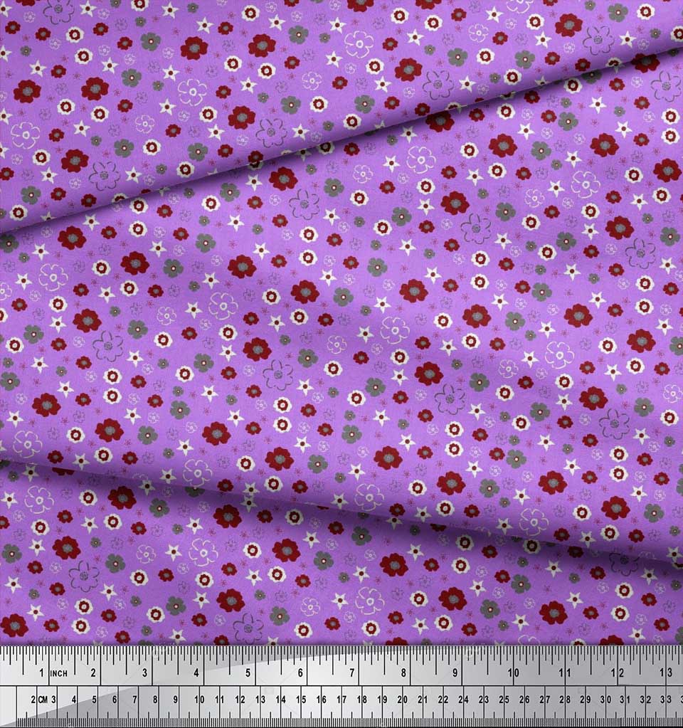 Soimoi Purple Japan Crepe Satin Fabric Flower Artistic Decor Fabric Printed Metre 42 Inch