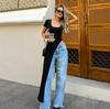 European and American Women's Dresses Spice Girls Irregular Street Shooting Versatile Square Neck Short Sleeve Split Dress