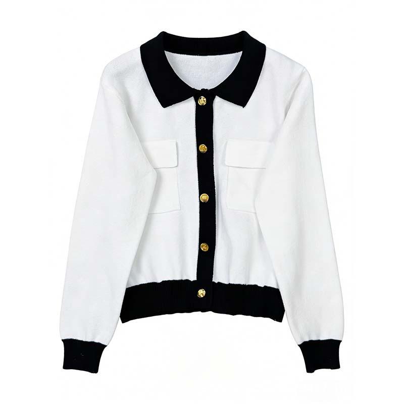 2026 Spring/Autumn French-Style Knit Cardigan, Color Block Sweater with Metal Buckle