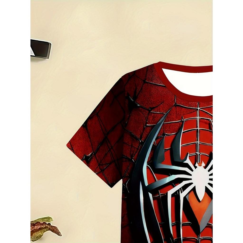 Summer Fashion Boys' Red 3D Spider Web Short Sleeved Shorts Set, Suitable for Outdoor Activities