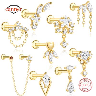 CANNER 1PC 925 Silver Tassel Horse Eye Geometric Zircon Flat Head Thread Piercing Earring For Women Ins Love Earring