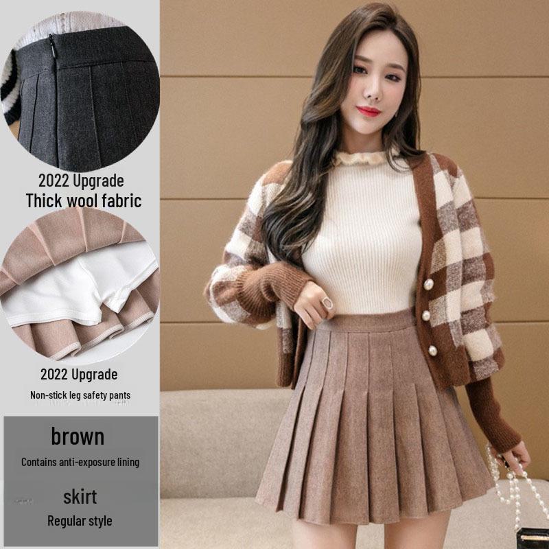 Wool Pocket Pleated Skirt for Women - High Waist, Thick, Retro, Short Skirt for Autumn & Winter