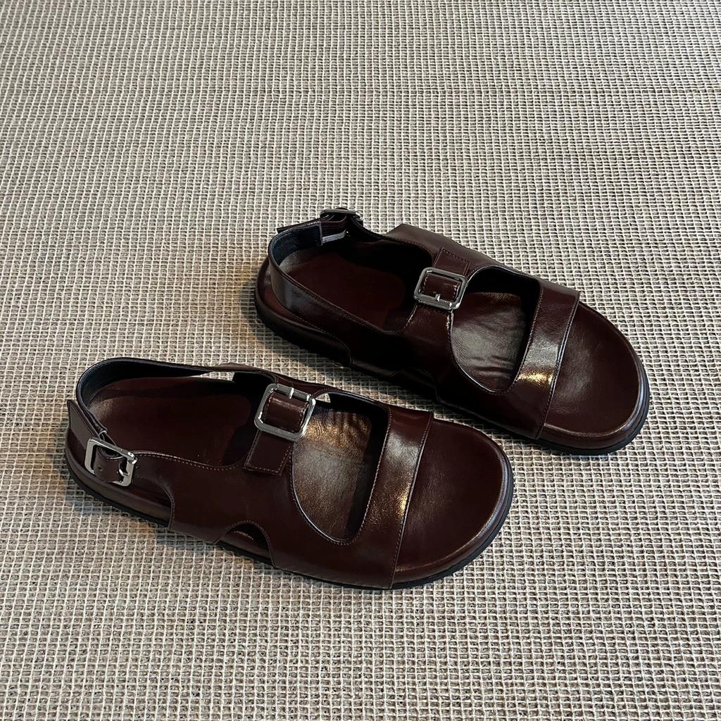 Cowhide version~ Vintage niche belt buckle open-toed platform sandals women's 2025 summer beach flat-bottomed cool slippers