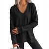 Women S V Neck Loose Long Sleeve Waffle Knit Solid T Shirt