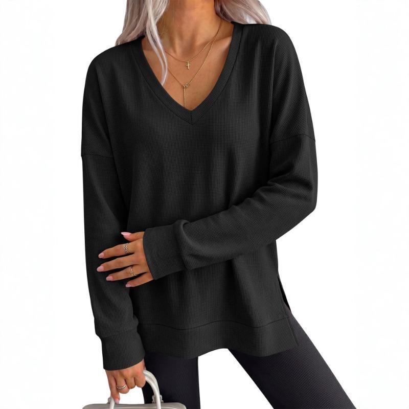 Women S V Neck Loose Long Sleeve Waffle Knit Solid T Shirt