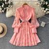 Französischer Stil Hoflaternenärmel Stickerei Kleid Damen Frühling Sommer Taille Ausgeschnitten Einreiher A-Linien-Rock Elegant