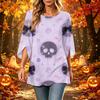 Women's Halloween Printed Casual Loose Fit Top with Round Neck and Three-Quarter Sleeves