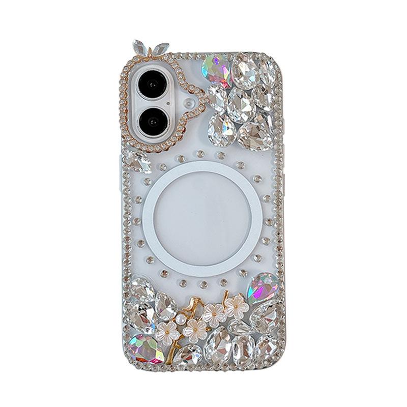 Rhinestone Flower Magnetic Phone Case for Apple 16 Promax Luxury for IPhone 17 Personalized Trendy 15 Female Model