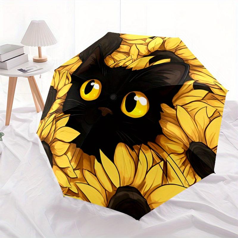 1pc Cat Sunflowers Automatic Open/Close Umbrella with One Touch Button,, Windproof Design   Lightweight Portable Umbrella for Women & Men6111