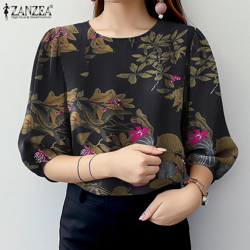ZANZEA Women Casual Round Neck 3/4 Sleeve Loose Floral Cotton Blouse