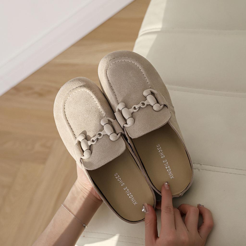 Leather Cowhide Boken Women's Shoes Inner Heightening Platform Slippers Flat Fishing Large Chain Buckle Boken Shoes Bag Head Half Slippers