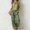 Damen ärmelloses Oberteil mit Drapierung und karierte Weitbein-Hose Set Lässiges lockeres Zweiteiler-Outfit