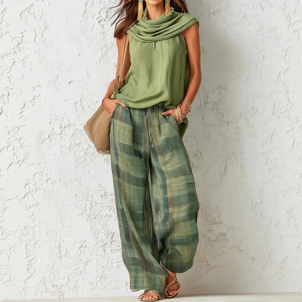 Damen ärmelloses Oberteil mit Drapierung und karierte Weitbein-Hose Set Lässiges lockeres Zweiteiler-Outfit