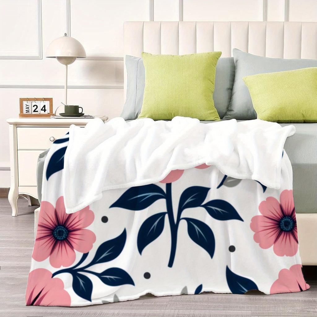 Luxury 280GSM Flannel Blanket - Soft Warm All-Season Pink Blue Floral Print Throw with White Background, Navy Blue Leaves & Cora