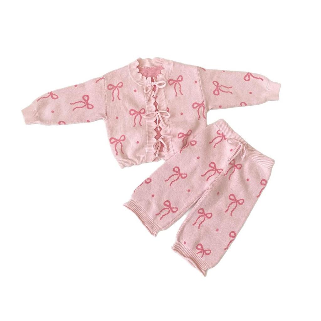 Girls' Autumn-Winter Bow Knit Cardigan & Pants Set