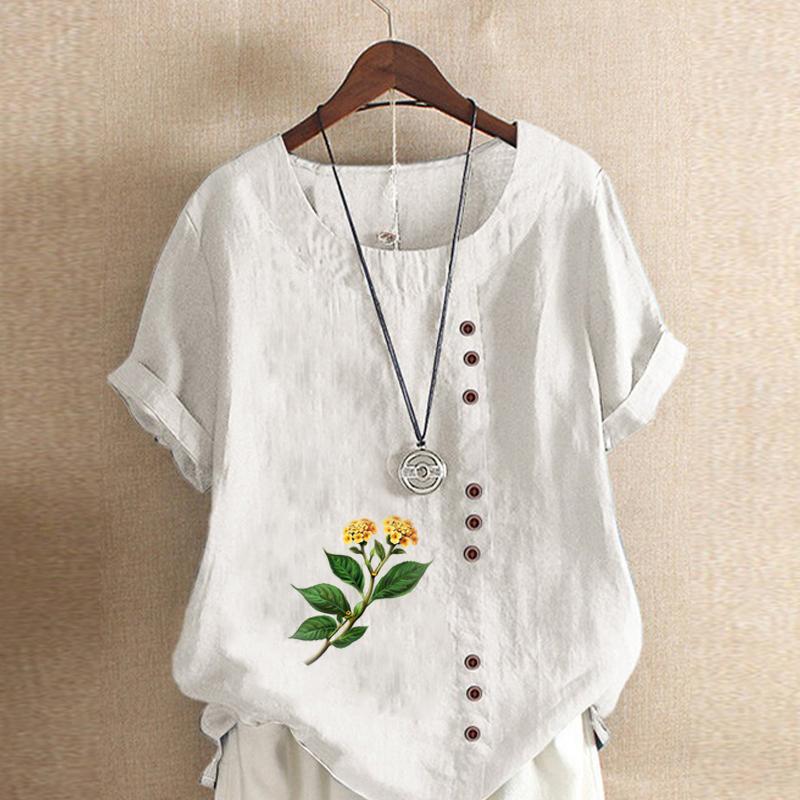 

Женская модная футболка с коротким рукавом с цветочным принтом, свободная хлопковая рубашка, повседневная свободная летняя блузка, топы больших размеров M белый