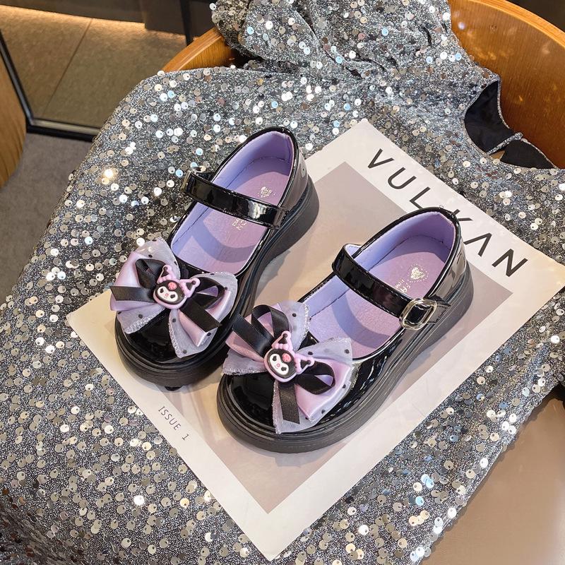 

2025 Soft Sole Girls Leather Princess Shoes with Cartoon Bowknot - Stylish Kuromi Design Sizes 25-30, 6 pairs set чёрный