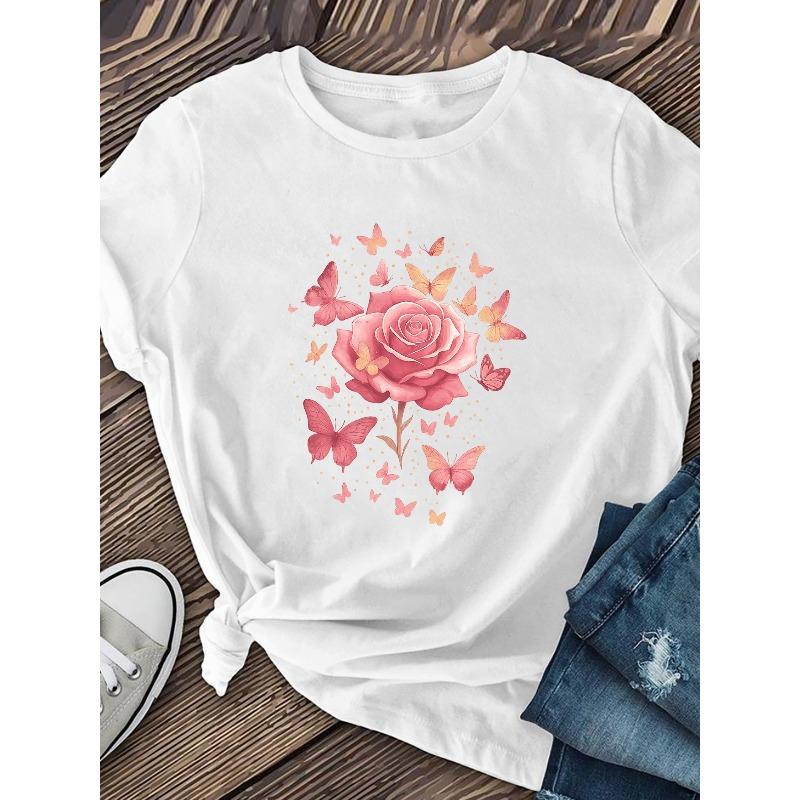 European Size Women'S Elegant Pink Rose and Butterfly Print T-Shirt | Short-Sleeve Crew Neck Casual Top,Spring/Summer Floral Shirt,Casual Wear