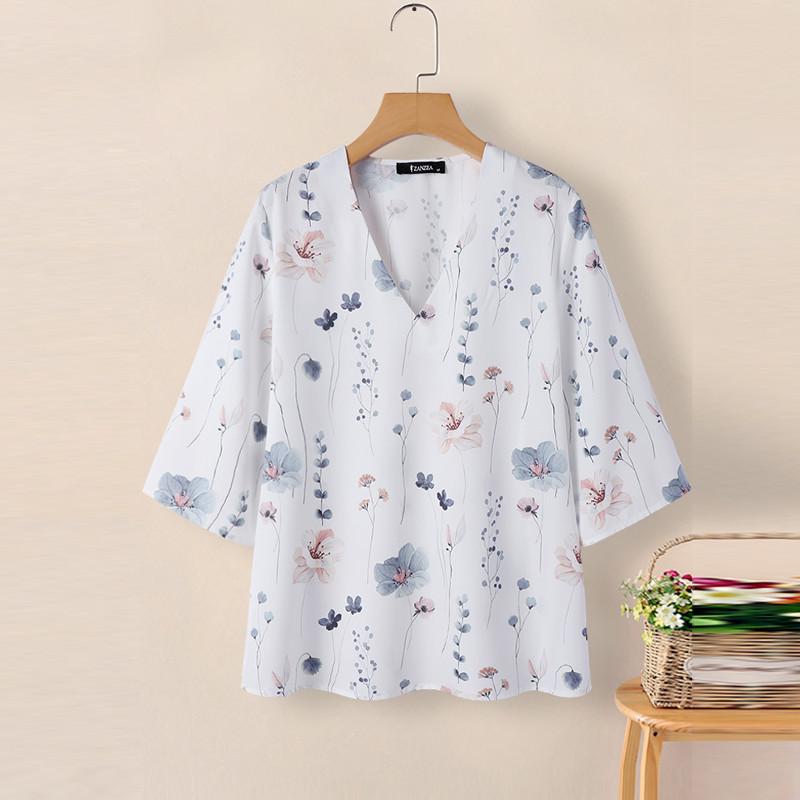 

ZANZEA Женская блузка с v-образным вырезом и рукавами 3/4 с цветочным принтом