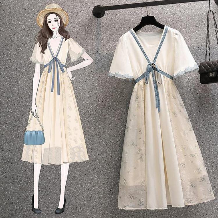 Women Summer New Plus Size Pregnant Dress Short Sleeve Lace V Neck Chiffon Sweet Thin Korean Dress