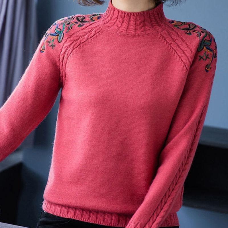Bestickte Blumen Halber Stehkragen Pullover Damen Herbst Winter Dick Warm Gestrickter Pullover Slim Gerippt Weiche Oberteile