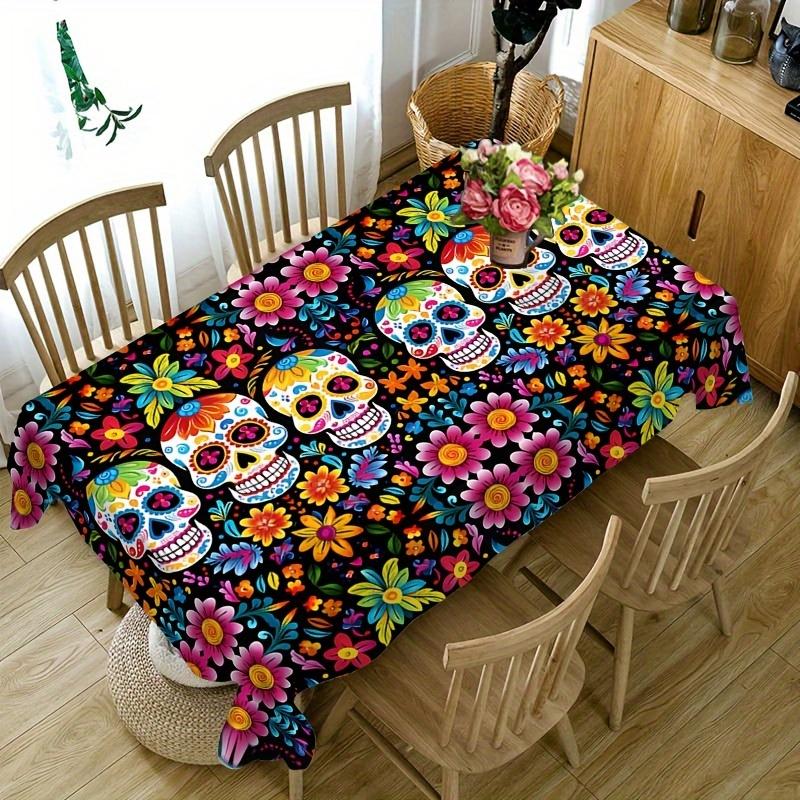 Mexican Day of The Dead Skull Flower Waterproof Tablecloth Table Decor Reusable Kitchen Dining Tablecloth Holiday Party Decor