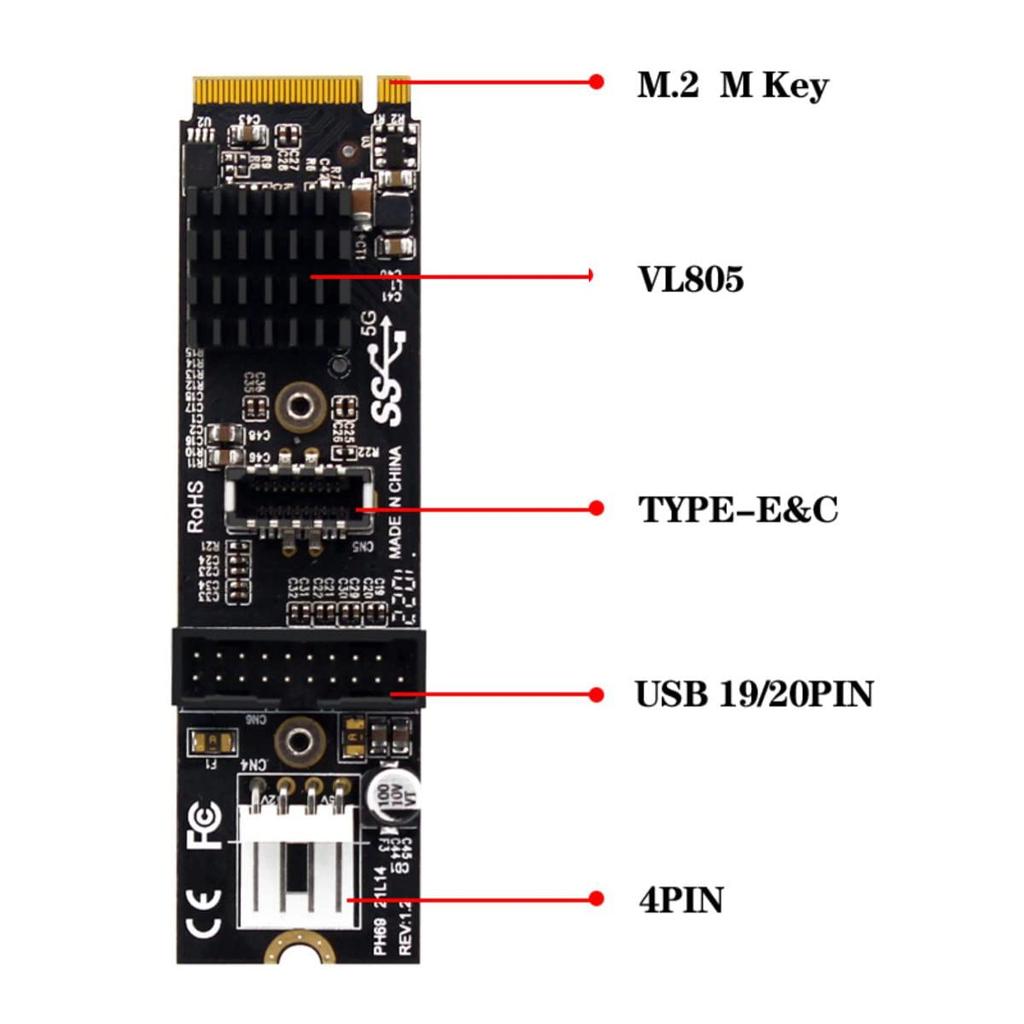 Cablecc 5Gbps Front Panel Socket and to NVMENGFF Card Adapter for VL805 Motherboard Type-E USB3.1 USB2.0 M-KeyExpress