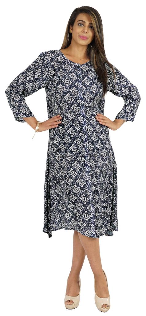 Bimba Printed Flared Midi Dress For Women Rayon Crepe Casual Summer Dress