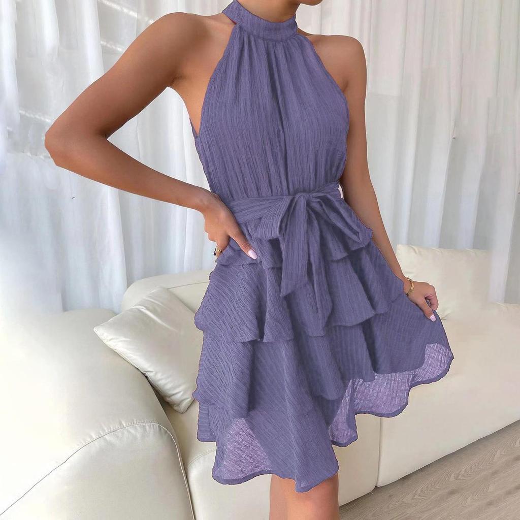 Women Autumn Winter Sleeveless Soild Color Halter Casual A-Line Knee-Length High Waist Ruffled Edges Dress