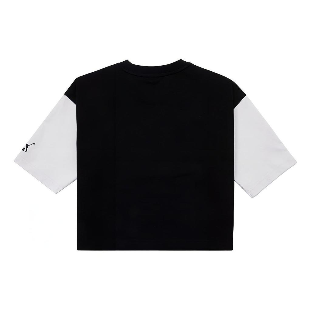 Puma Color Block Cropped Tee Logo Round Neck Short Sleeve T-Shirt Women Tops Black 535007-01