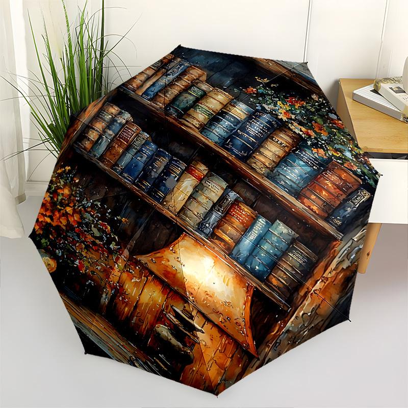 Bücherregal, Lampen-Thema, Automatisches Öffnen und Schließen, Helle Farben, 8-Speichen, Tragbarer Regenschirm, Geeignet für Männer und Frauen, Ein Perfek