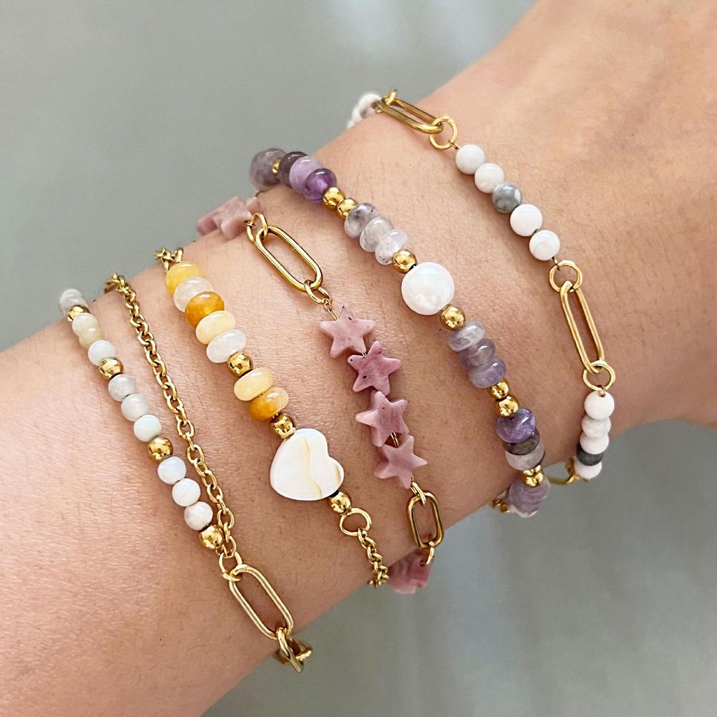 Elegant 18k Gold-Plated Stainless Steel Bracelet with Natural Stone Inlay - Trendy and Fade-Resistant for Women