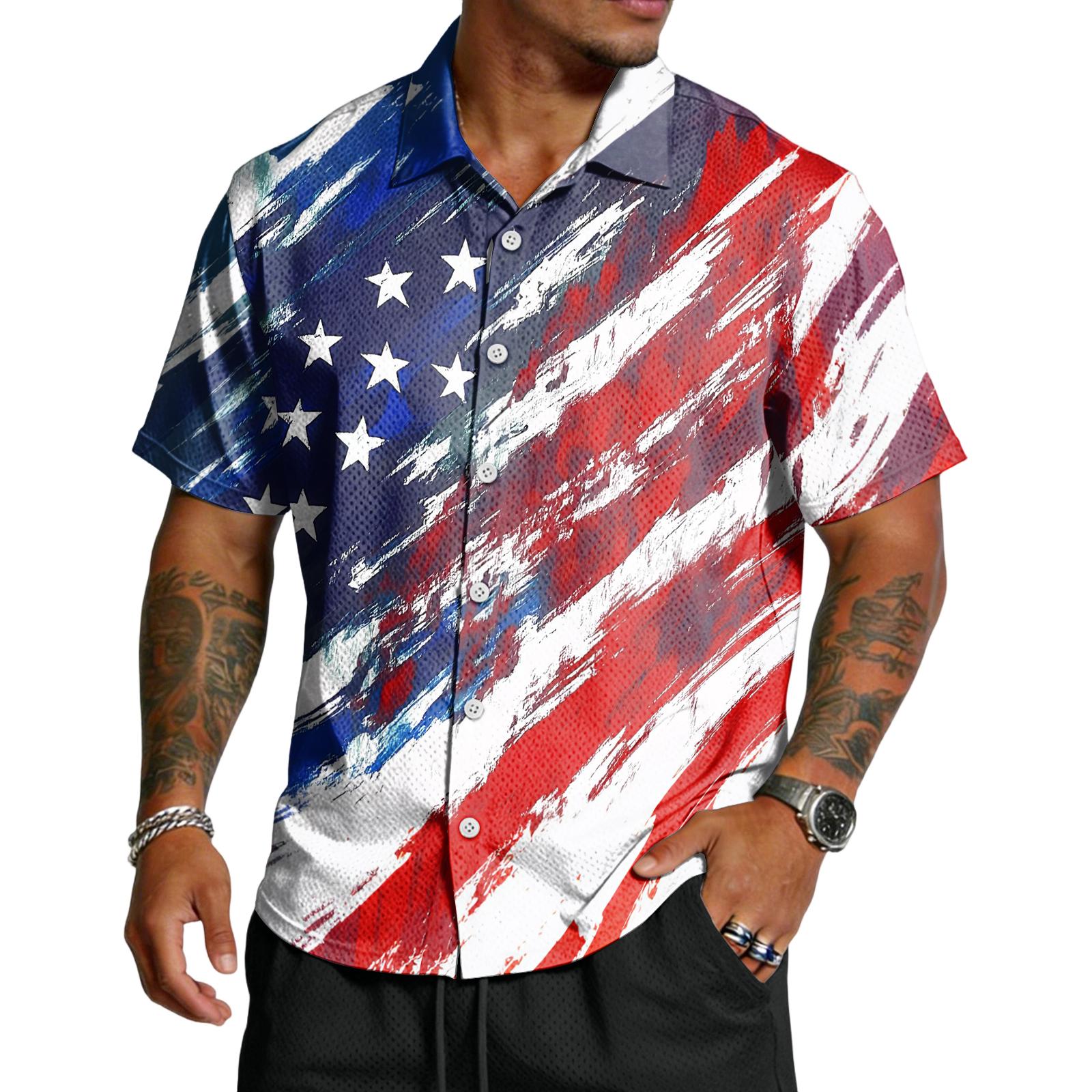 

Men s Short Sleeve Button Down Shirt with Star and Stripe Print Casual Loose Fit Lightweight Fabric XL кавун червоний колір