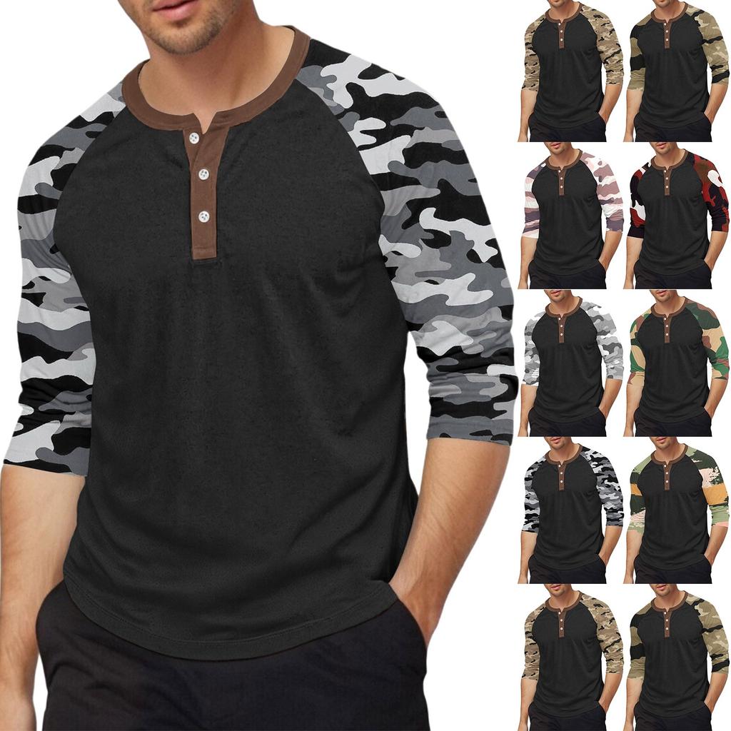 Men's top with three-quarter sleeves and camouflage print