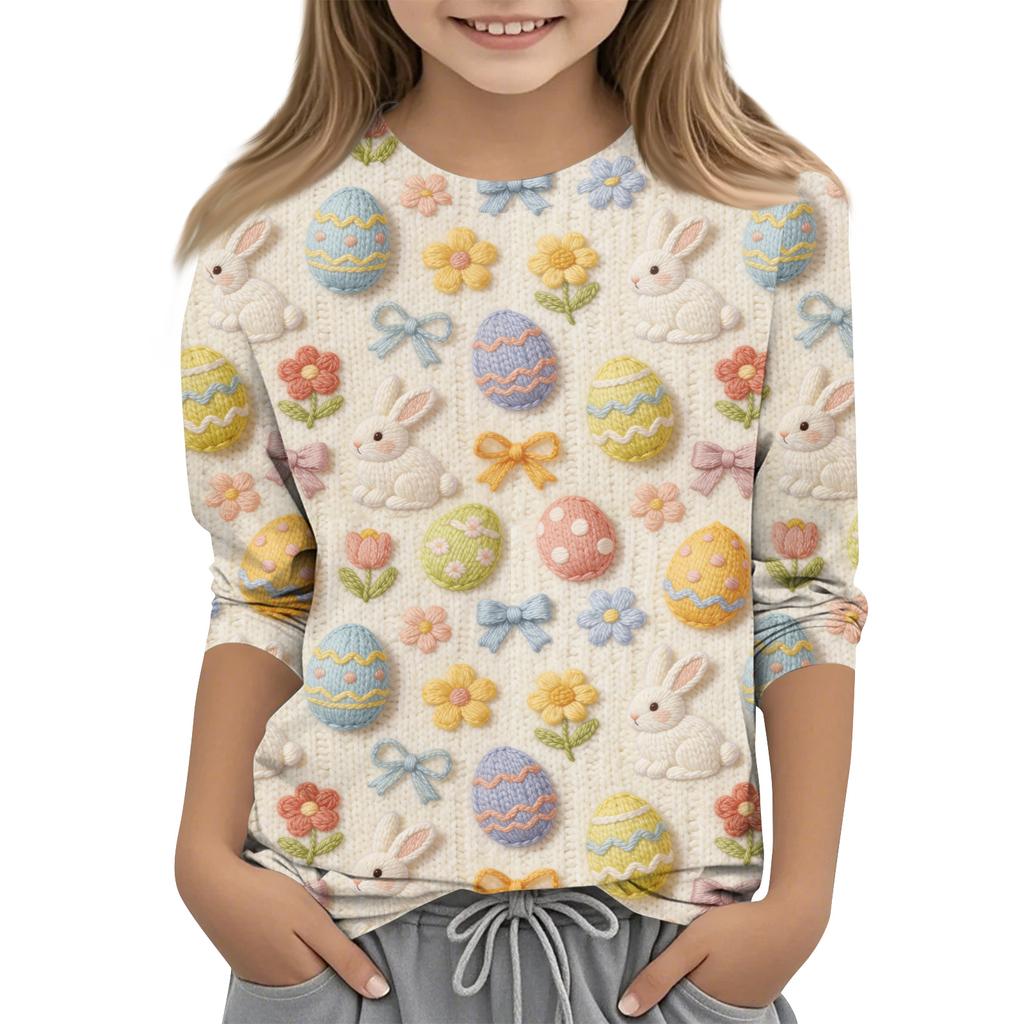 Haut décontracté pour enfants à manches sept-quarts, imprimé Pâques, col rond, imprimé