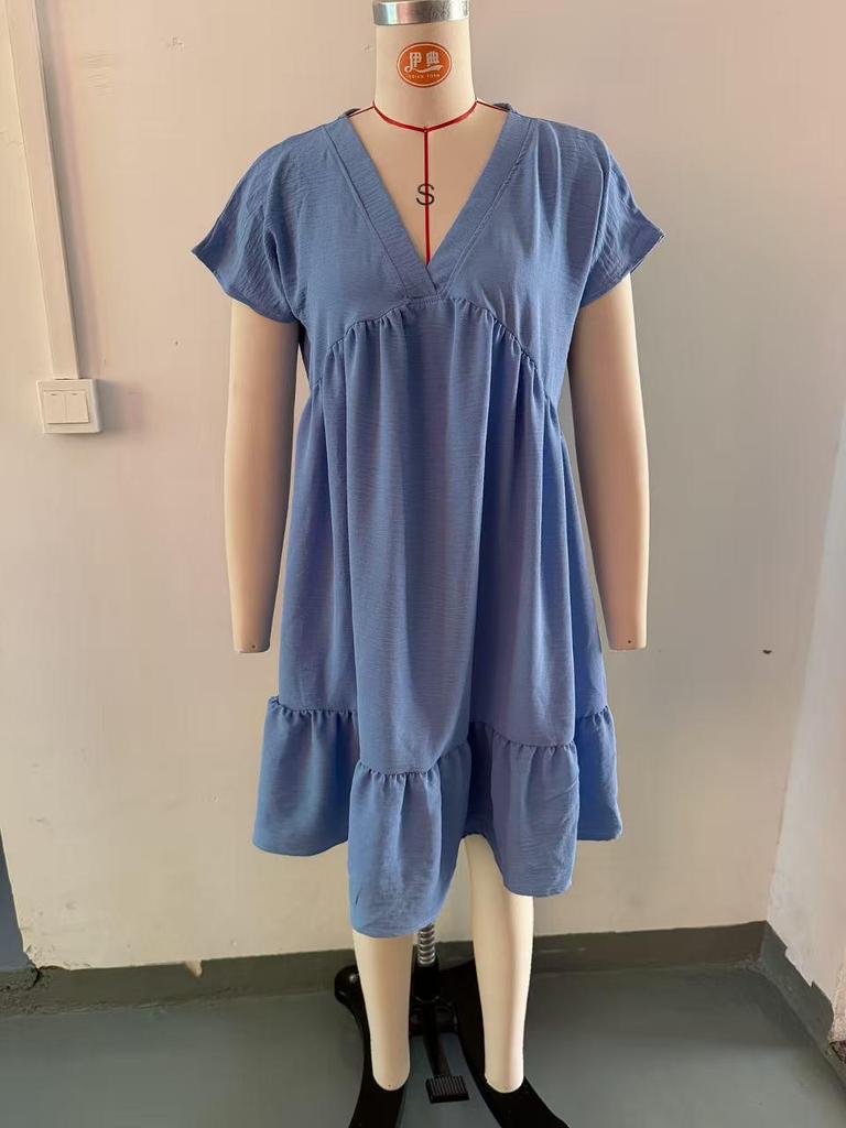 2026 European and American Women's V-neck Ruffle Hem Summer Dress