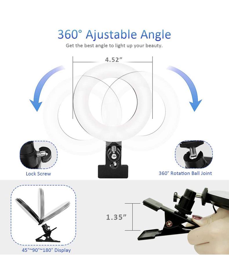 4" Aluminum Shell 5-Color Temperature Clip-On Beauty Ring Light for Video Conferencing and Live Broadcasts