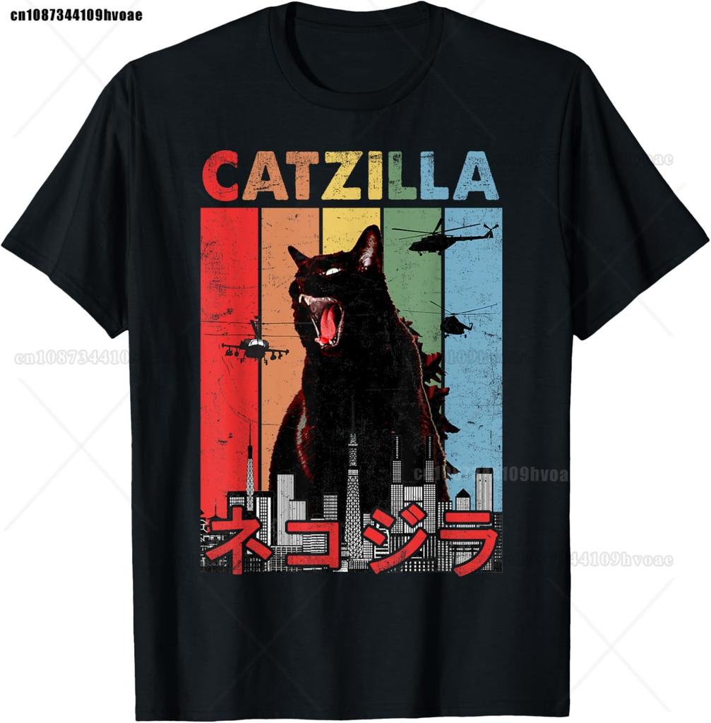 Catzilla Cat Japanese Art Funny Cat Gifts T-Shirt Top Tees Cotton High Quality Unisex Hip Hop TShirt Punk Gothic Graphic Breathable