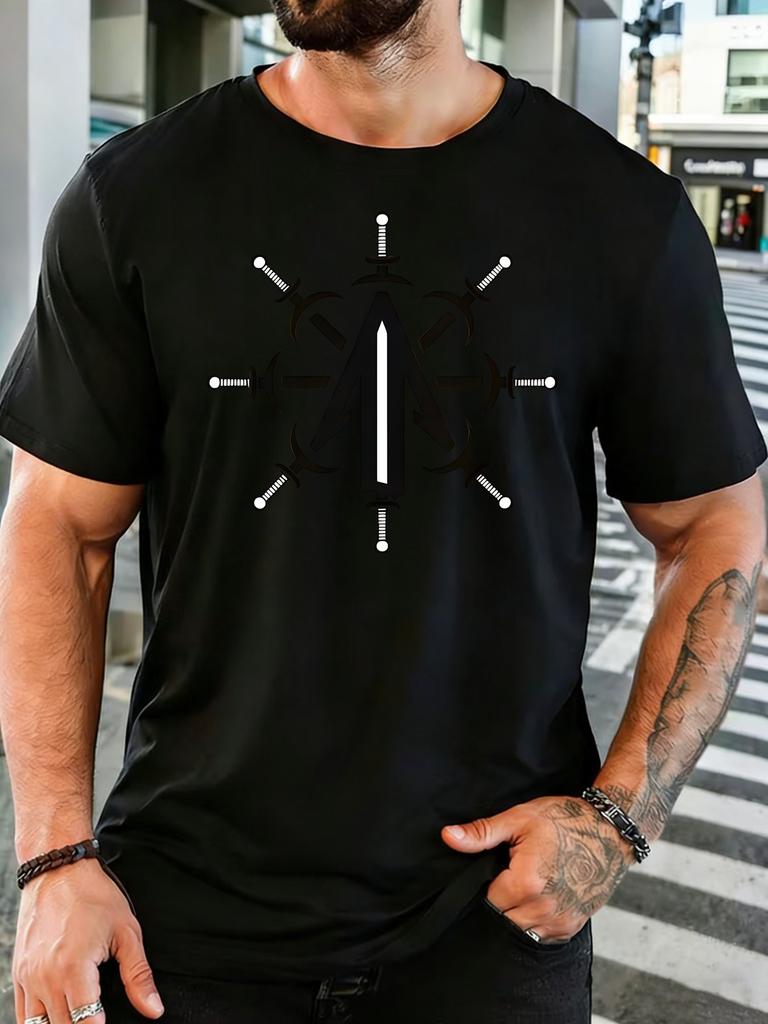 Unisex Retro Sword Star Symbol Minimal Art Graphic Cotton Short Sleeve Tee Crew Neck Soft Male Summer Casual Breathable Street Top