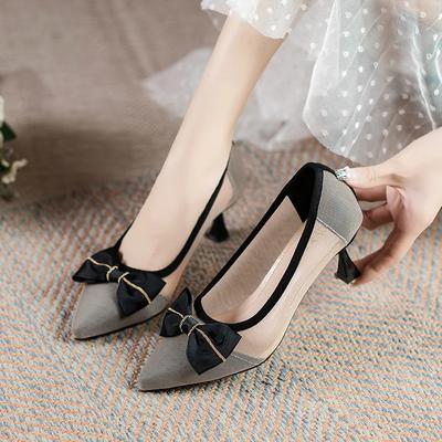 Fashion Mesh High-heeled Shoes Pointed Toe Spring Summer Pumps New Bow Knot Hollow Breathable Single Shoes 6cm Heels Women Talons Femmes